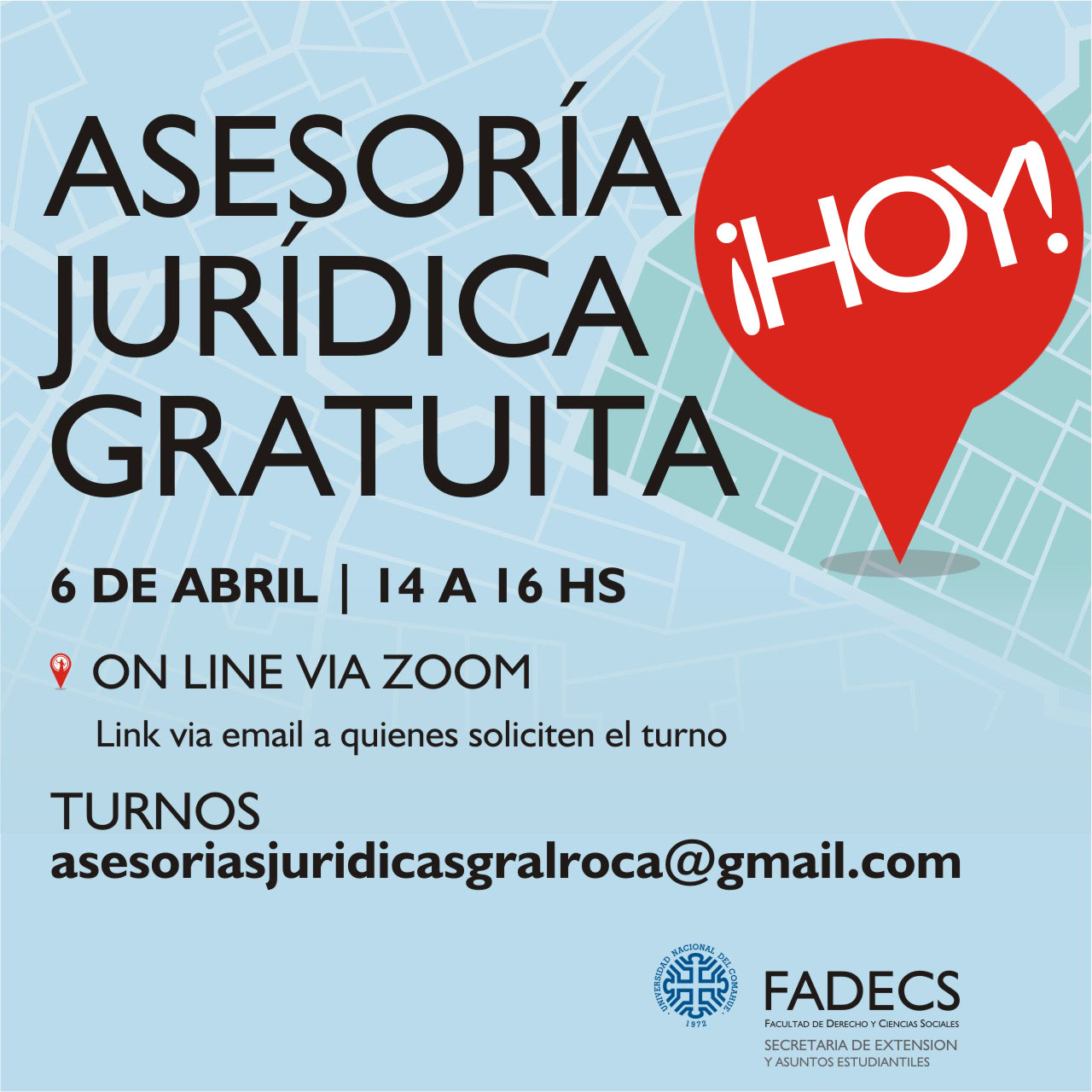 HOY, VUELVE LA ASESORÍA JURÍDICA GRATUITA DE LA FADECS-UNCOMA